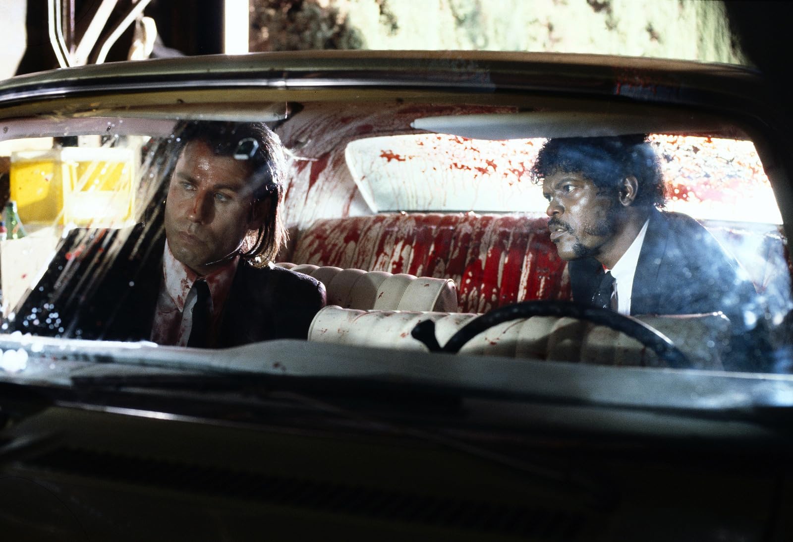 Pulp Fiction still of Jules and Vincent walking into a confrontation